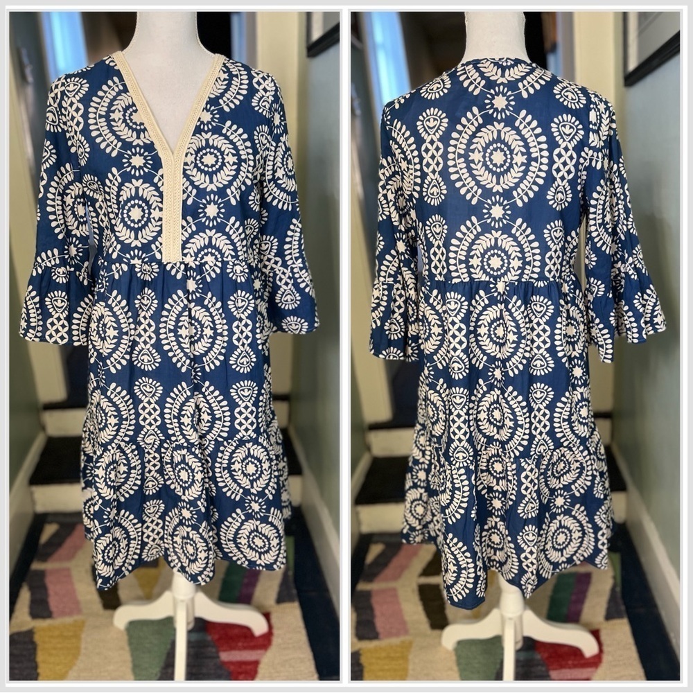 Elegant Blue and White Patterned Dress